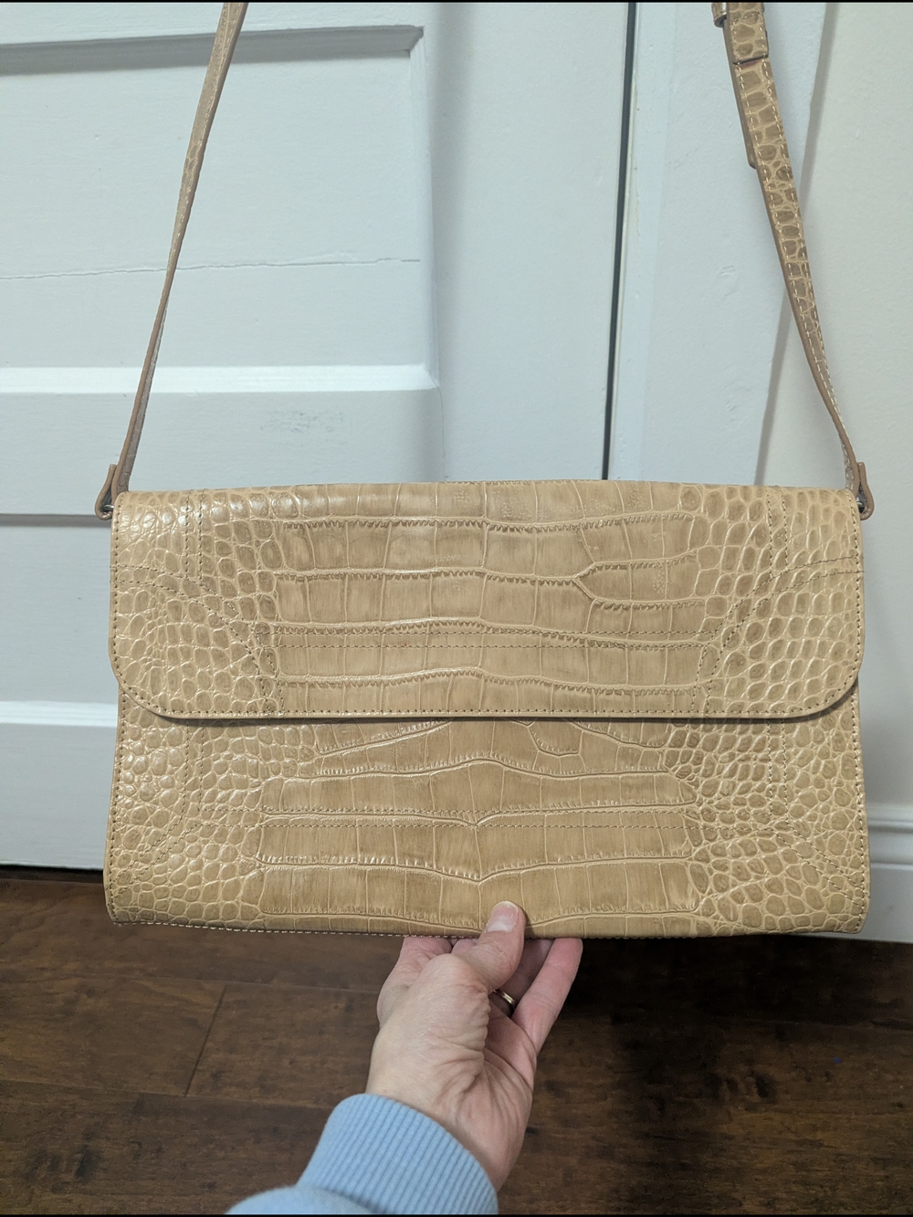 Danier Croc-Embossed Leather Shoulder Bag in Light Beige. Real Leather